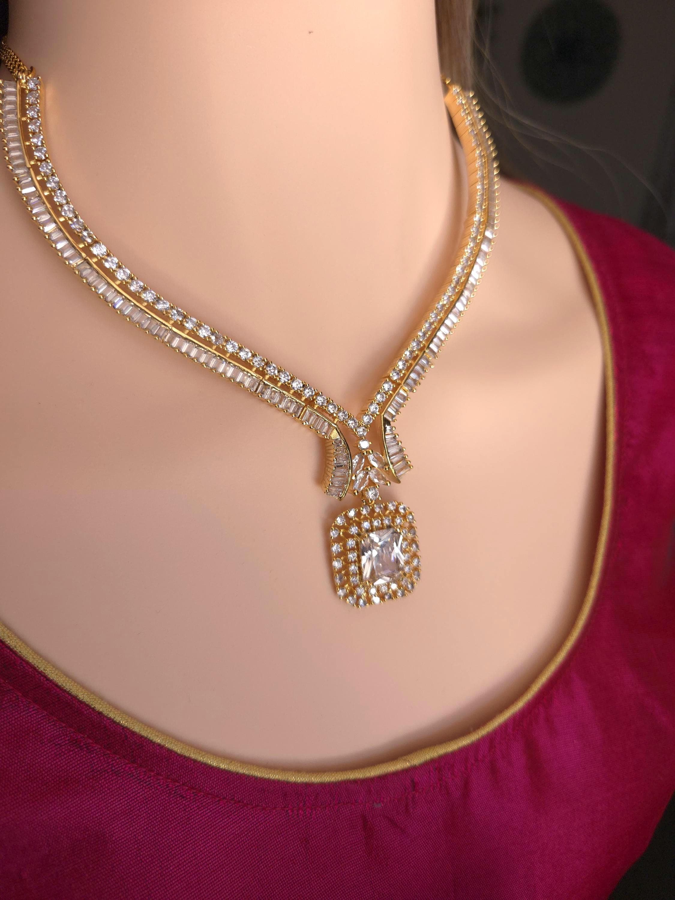 Gold Plated CZ V-Neckline & Square Drop Necklace Set – Indian Bridal Wedding Jewelry