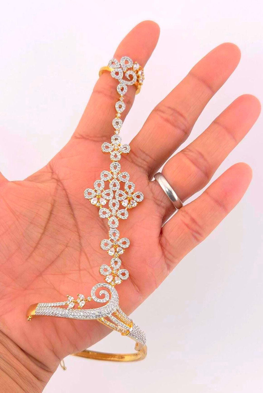 Gold Plated CZ Haath Phool – Indian Bridal Hand Jewelry, Adjustable Bracelet Ring Set