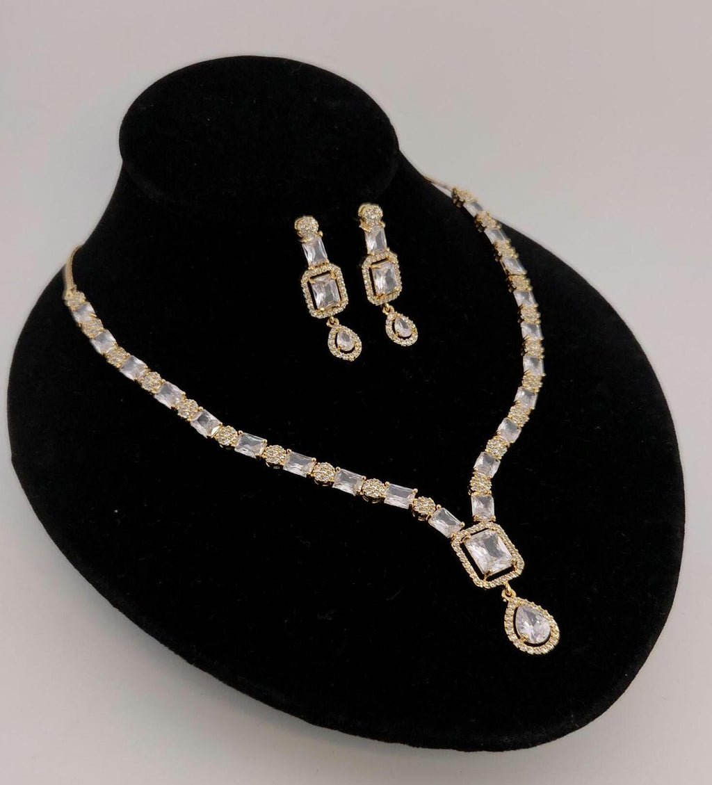Gold Plated CZ Square & Teardrop Pendant Necklace & Earrings Set – Bridal Wedding Jewelry