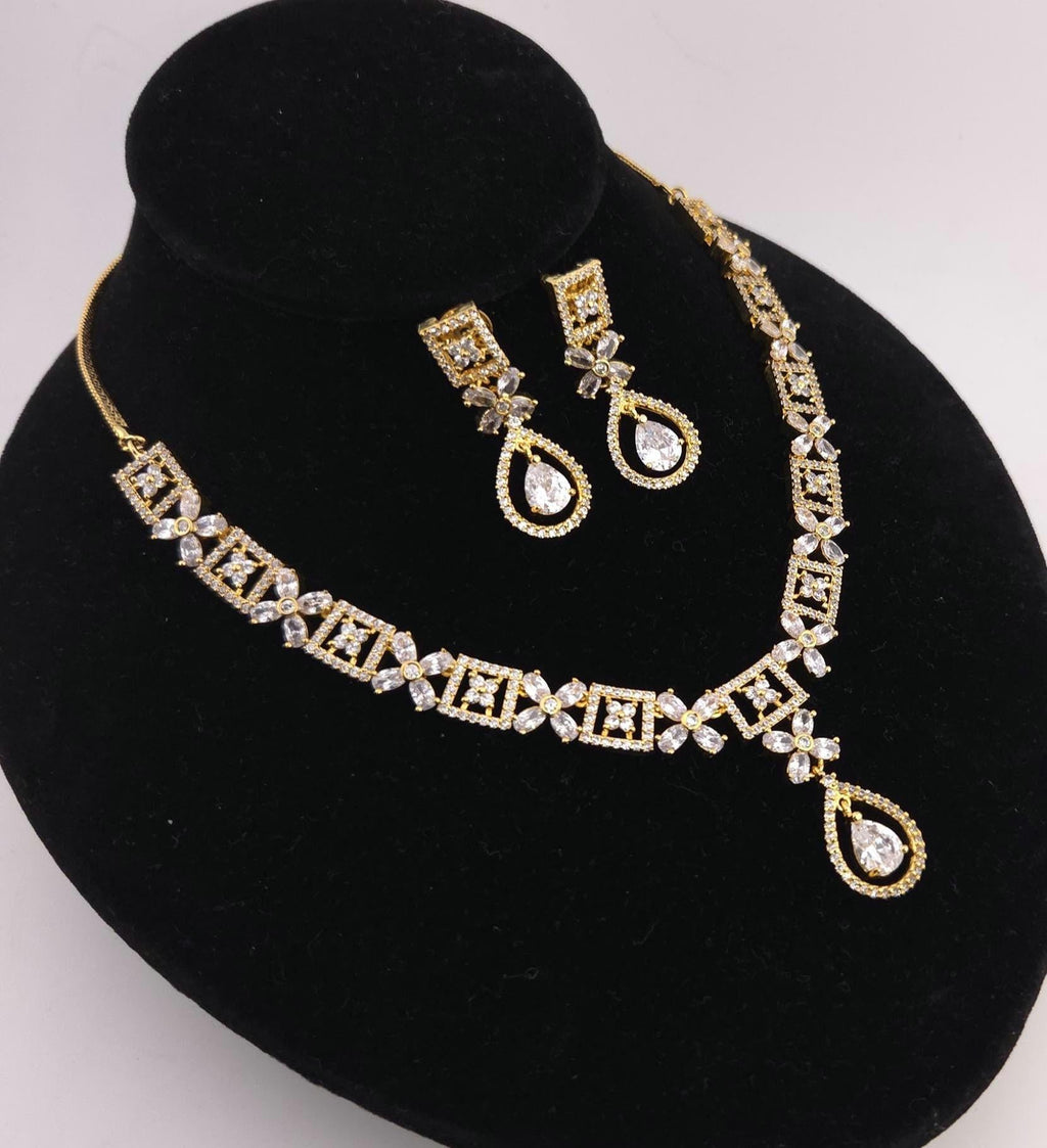 Gold Plated CZ Bridal Necklace & Earrings Set – Geometric Teardrop Pendant, Indian Wedding Jewelry