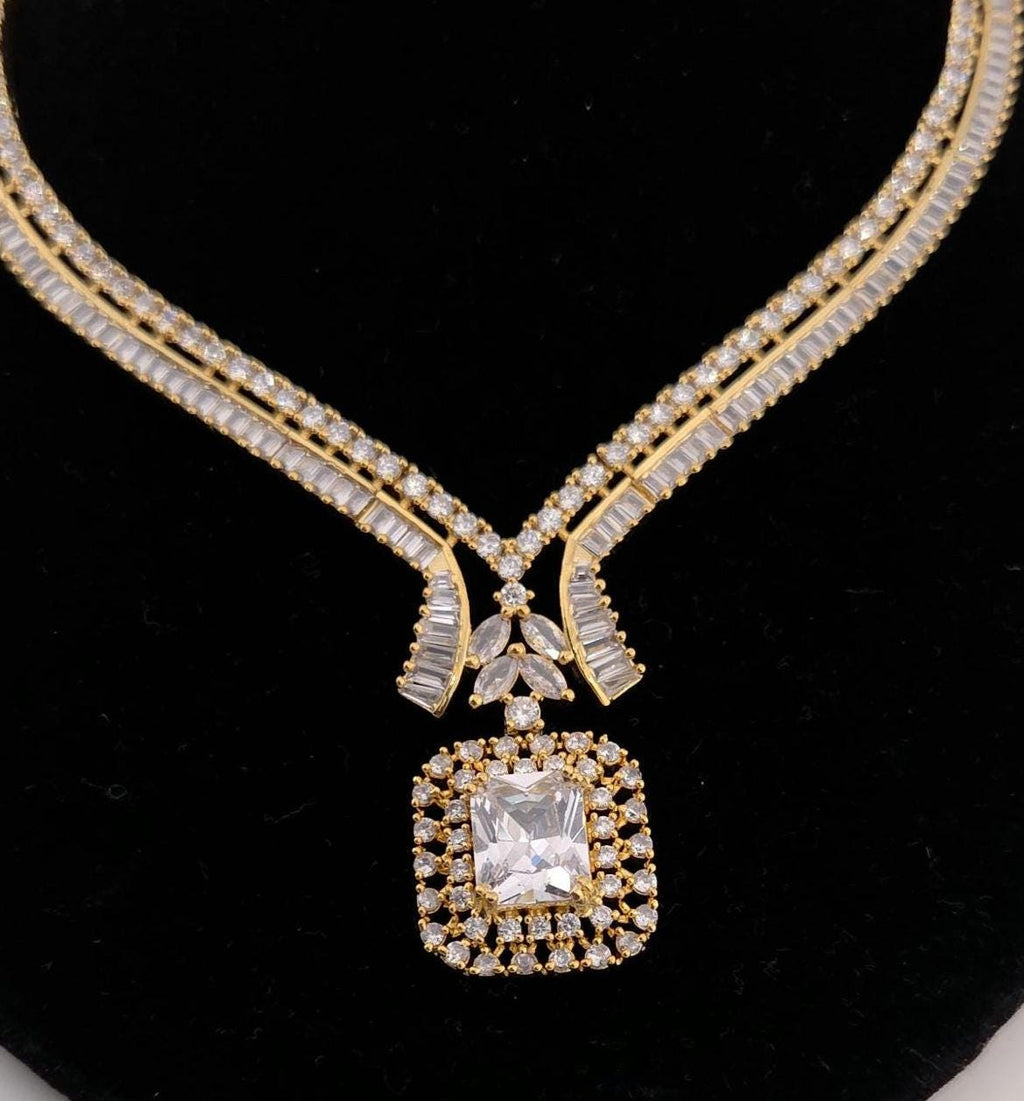 Gold Plated CZ V-Neckline & Square Drop Necklace Set – Indian Bridal Wedding Jewelry