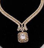 Gold Plated CZ V-Neckline & Square Drop Necklace Set – Indian Bridal Wedding Jewelry