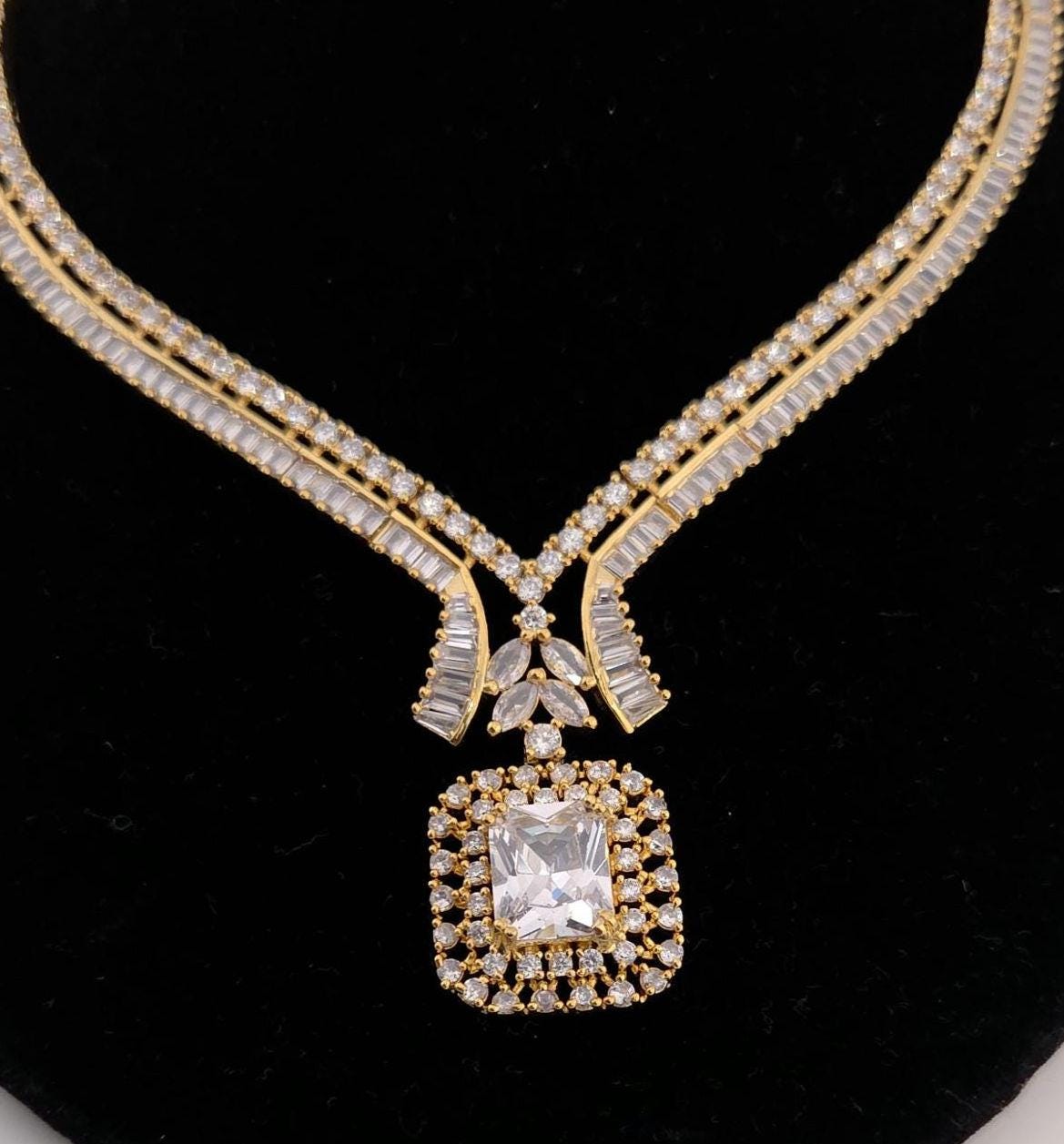 Gold Plated CZ V-Neckline & Square Drop Necklace Set – Indian Bridal Wedding Jewelry