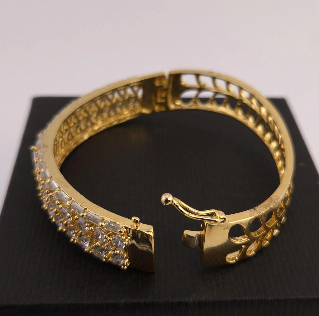 Gold Plated CZ Openable Bracelet | Emerald Cut Stone, Bridal Wedding Bangle
