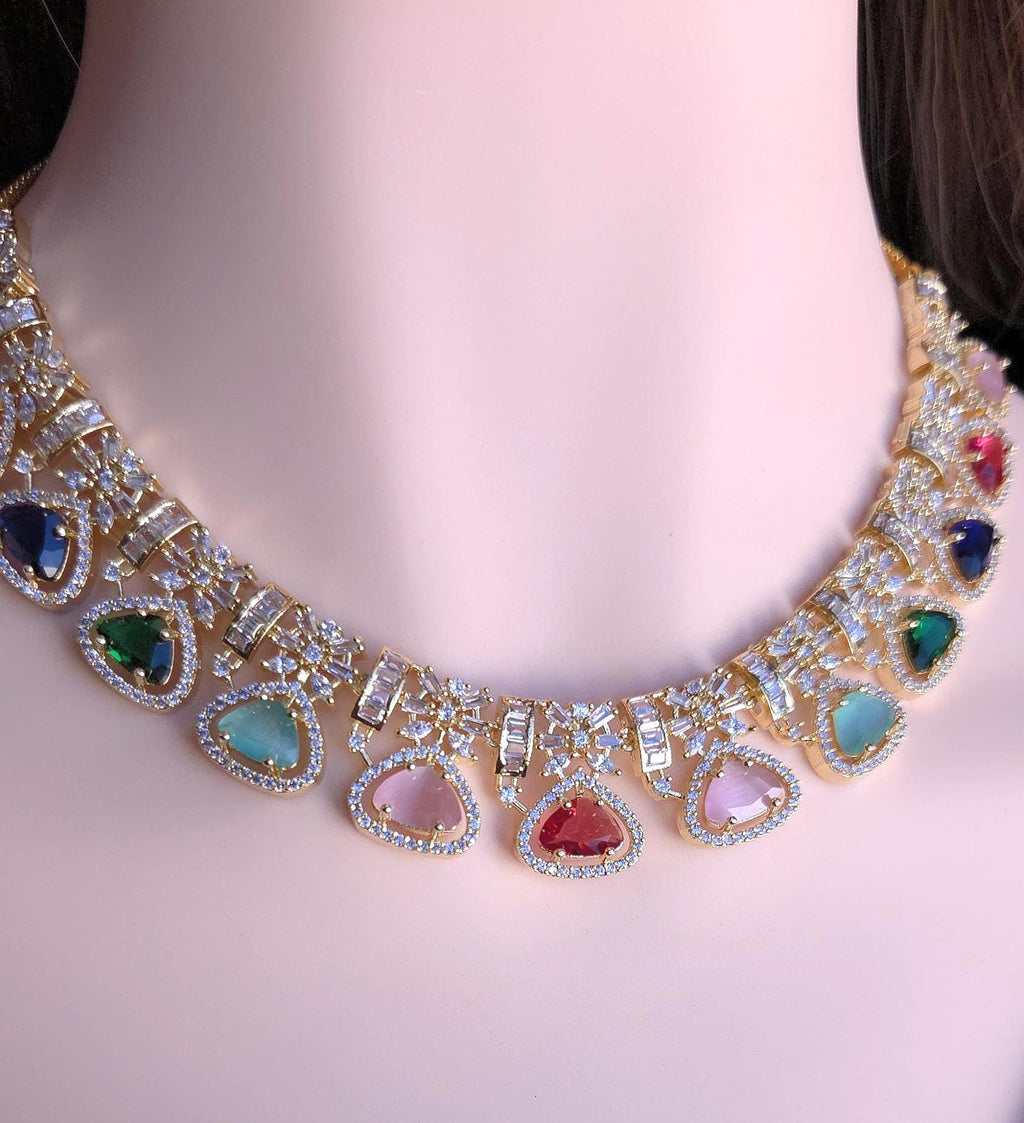 CZ Teardrop Necklace Set Multicolor Indian Bridal Jewelry Gulnar