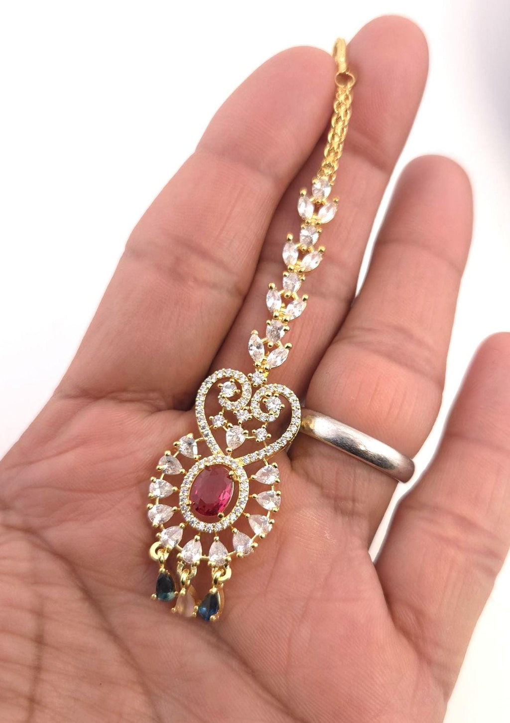 Indian Bridal Gold Necklace Set with Earrings, Maang Tikka, Red Green Kundan Style Jewelry