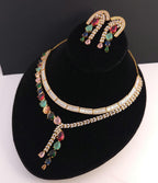 Navratna Style Bridal Jewelry Set, Multicolor CZ Choker Necklace Earrings
