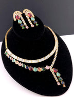 Navratna Style Bridal Jewelry Set, Multicolor CZ Choker Necklace Earrings