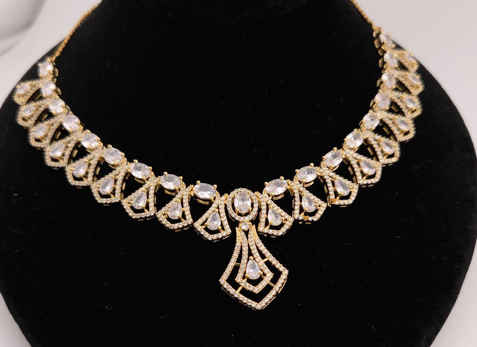 Geometric Teardrop Necklace Set | Gold Plated CZ Festive Wedding Jewelry