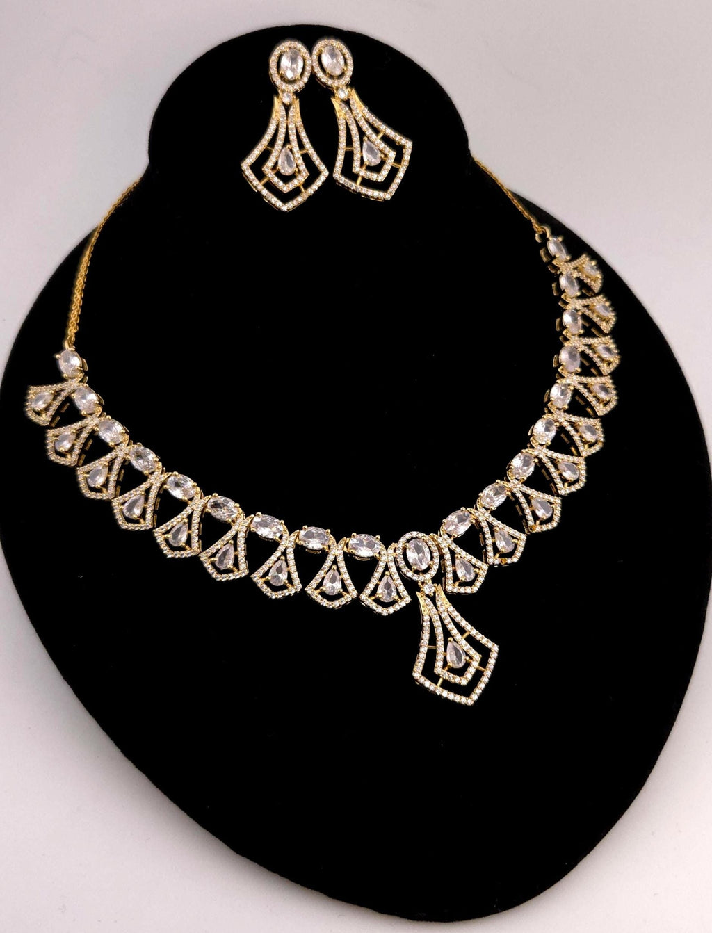 Geometric Teardrop Necklace Set | Gold Plated CZ Festive Wedding Jewelry