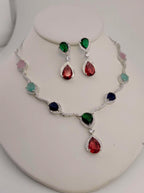 Silver Plated CZ Teardrop Necklace & Earrings Set – Bridal Wedding Jewelry, Multicolor, Green or Blue