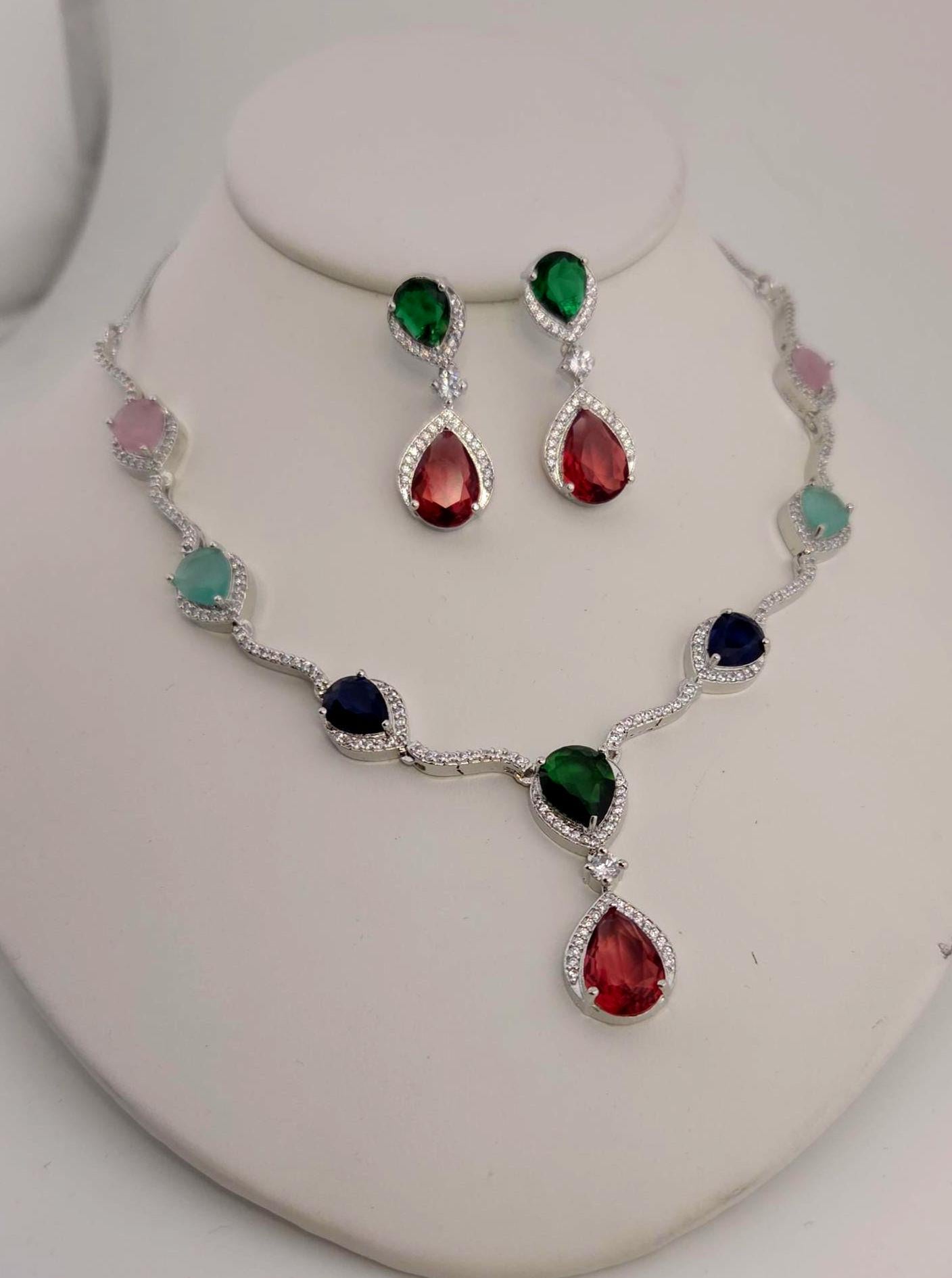 Silver Plated CZ Teardrop Necklace & Earrings Set – Bridal Wedding Jewelry, Multicolor, Green or Blue