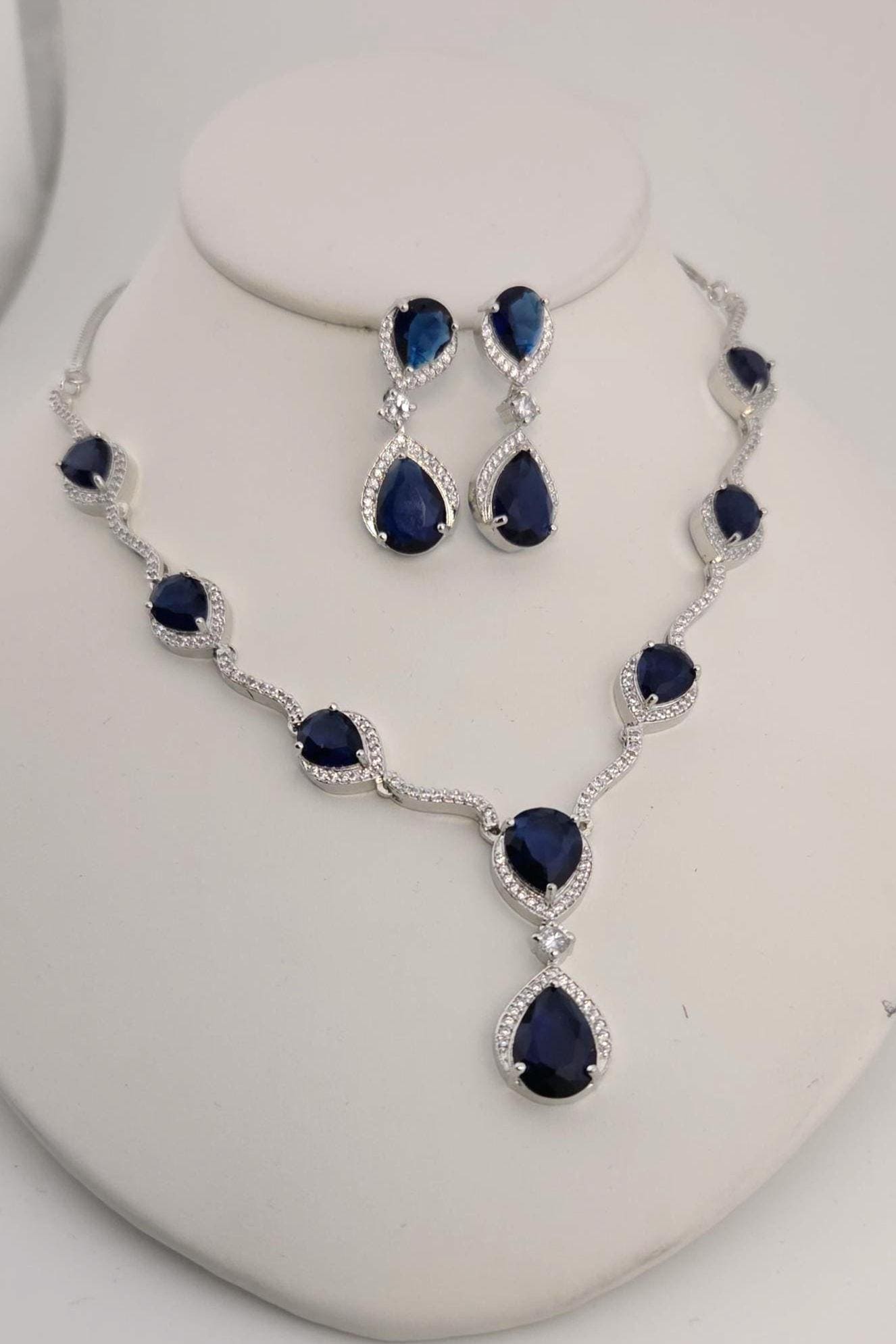 Silver Plated CZ Teardrop Necklace & Earrings Set – Bridal Wedding Jewelry, Multicolor, Green or Blue