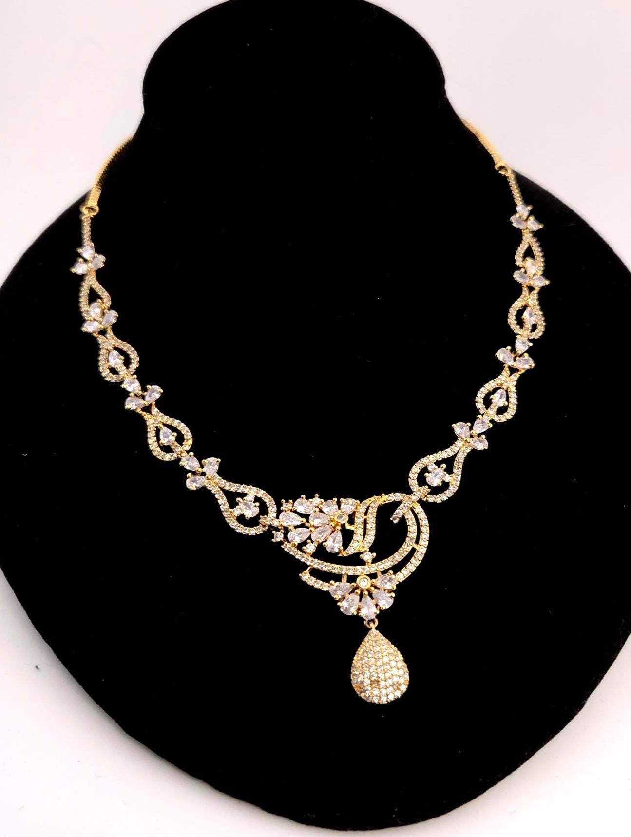 Gold Plated CZ Crescent Drop Necklace Set | Wedding Reception Bridal Jewelry