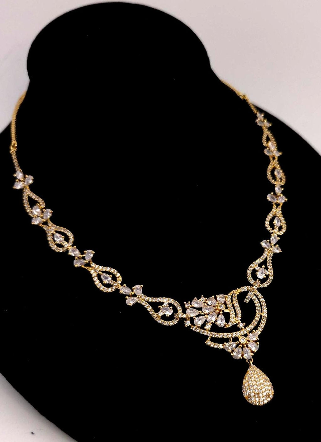 Gold Plated CZ Crescent Drop Necklace Set | Wedding Reception Bridal Jewelry
