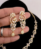 Gold Plated CZ Crescent Drop Necklace Set | Wedding Reception Bridal Jewelry