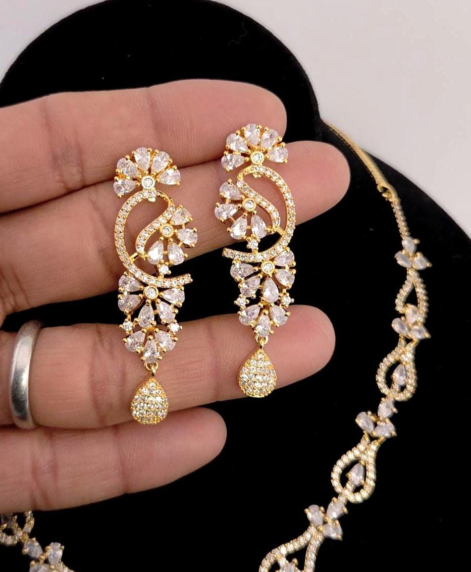 Gold Plated CZ Crescent Drop Necklace Set | Wedding Reception Bridal Jewelry