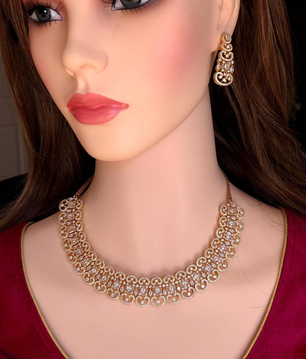 Gold Plated CZ Crescent Drop Necklace Set | Indian Wedding Bridal Jewelry