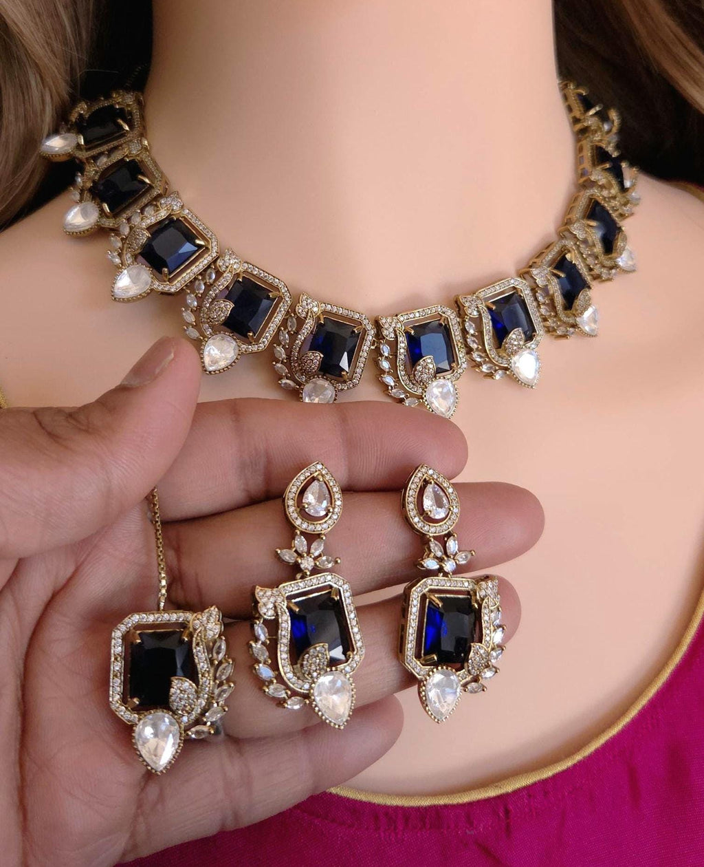 Moissanite Kundan Bridal Necklace Set – Statement Indian Wedding Jewelry (Red, Green, Blue)