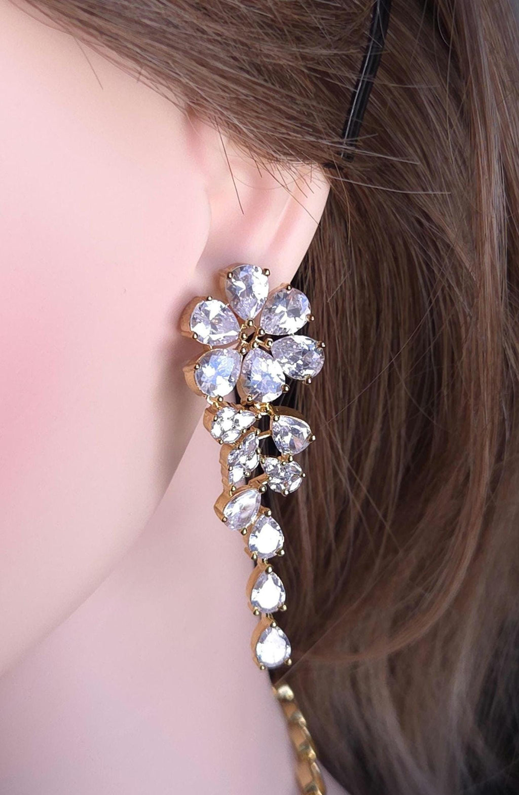 Gold Plated CZ Bridal Necklace Set, Floral Layered Statement Jewelry with Earrings