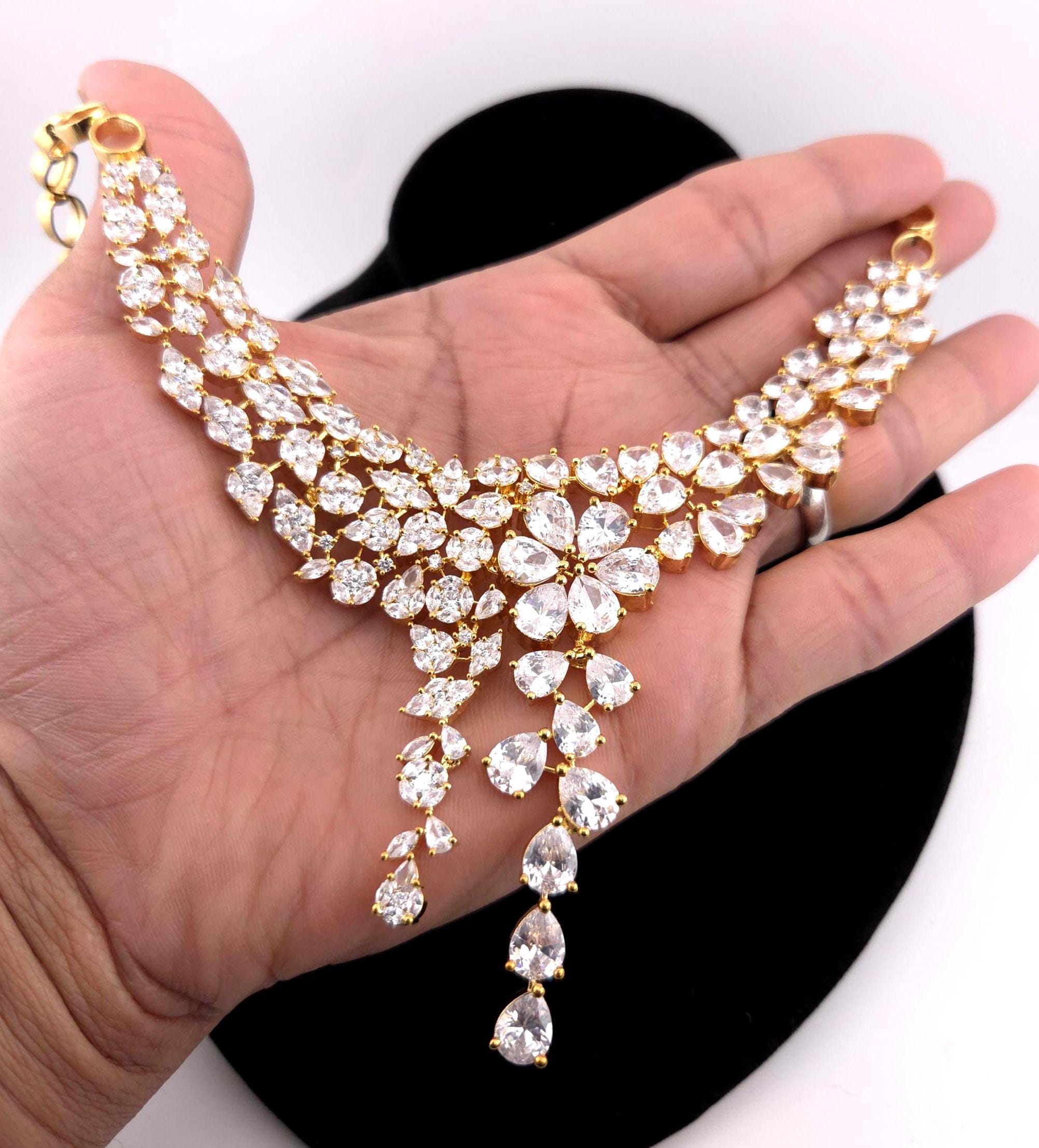 Gold Plated CZ Bridal Necklace Set, Floral Layered Statement Jewelry with Earrings