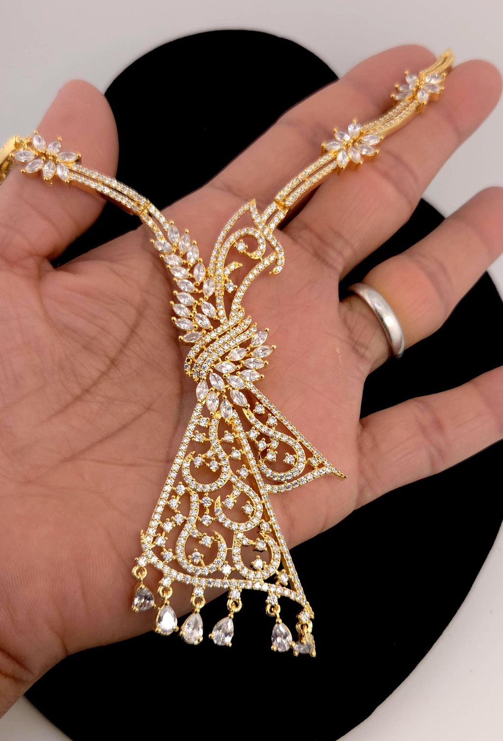 Gold Plated CZ Floral Filigree Necklace Set, Indian Bridal Statement Jewelry Earrings