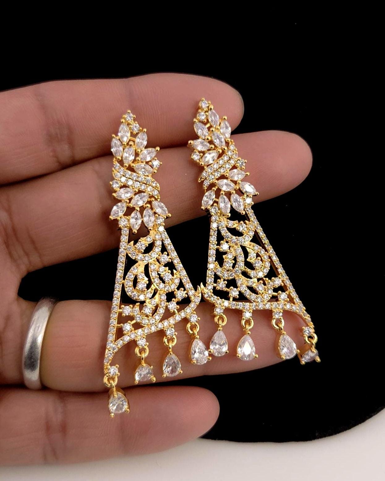 Gold Plated CZ Floral Filigree Necklace Set, Indian Bridal Statement Jewelry Earrings