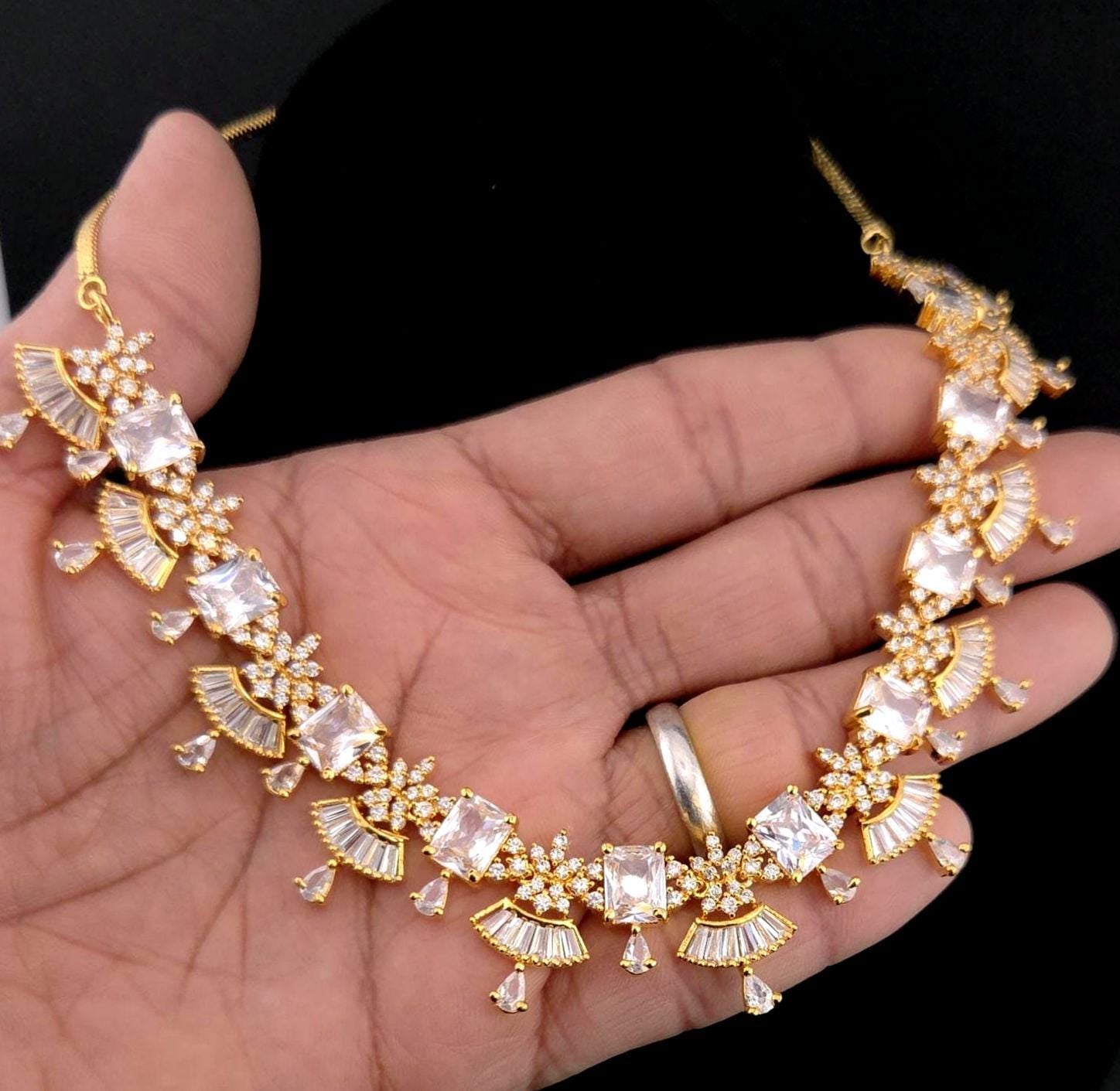 Gold CZ Floral Fan Necklace Set | Bridal Statement Jewelry with Earrings