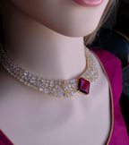 Red Stone CZ Bridal Choker Necklace Set | Gold Plated Wedding Jewelry with Earrings