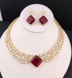 Red Stone CZ Bridal Choker Necklace Set | Gold Plated Wedding Jewelry with Earrings