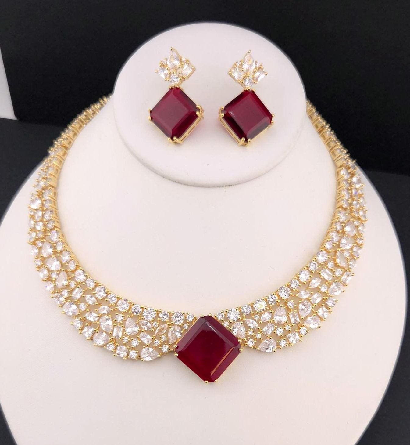 Red Stone CZ Bridal Choker Necklace Set | Gold Plated Wedding Jewelry with Earrings