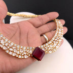 Red Stone CZ Bridal Choker Necklace Set | Gold Plated Wedding Jewelry with Earrings