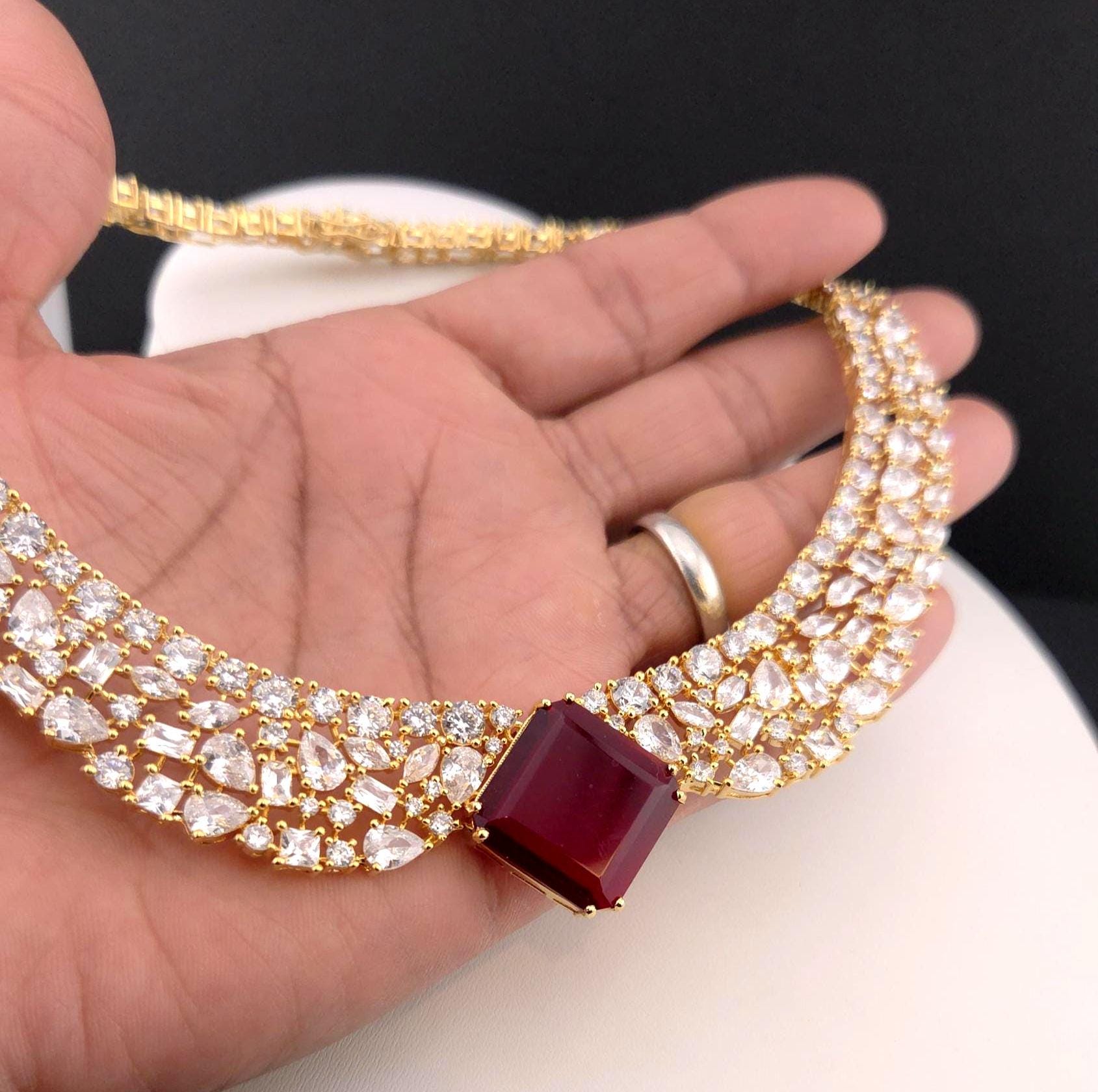 Red Stone CZ Bridal Choker Necklace Set | Gold Plated Wedding Jewelry with Earrings