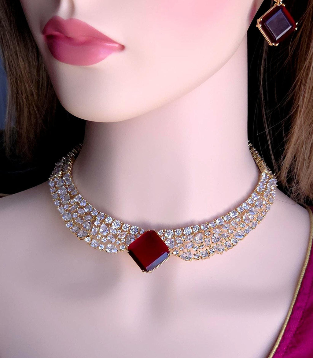 Red Stone CZ Bridal Choker Necklace Set | Gold Plated Wedding Jewelry with Earrings