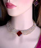 Red Stone CZ Bridal Choker Necklace Set | Gold Plated Wedding Jewelry with Earrings