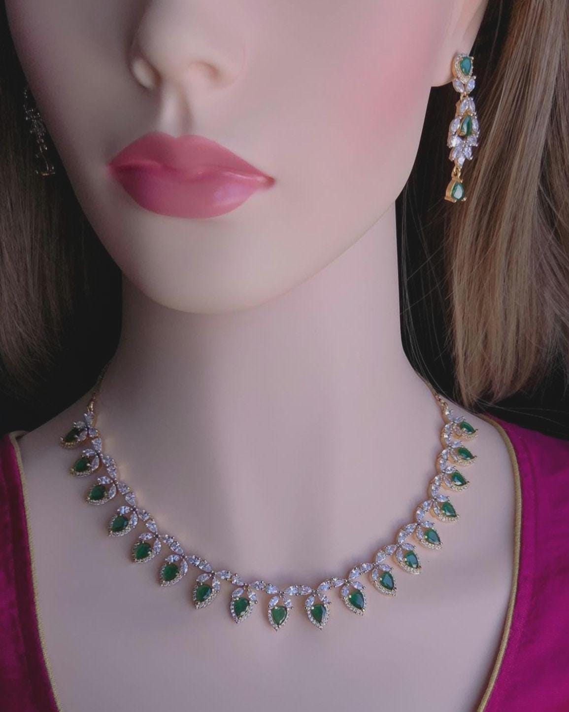 Emerald Green CZ Bridal Necklace Set – Gold Plated Wedding Jewelry Choker