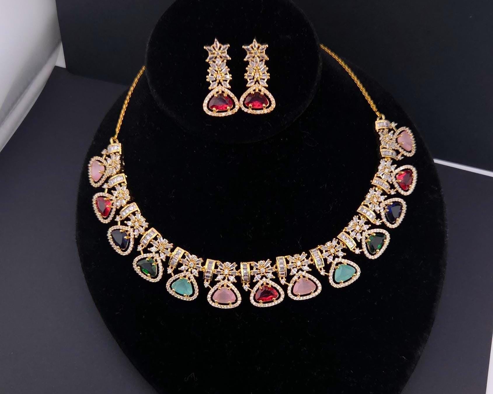 CZ Teardrop Necklace Set Multicolor Indian Bridal Jewelry Gulnar
