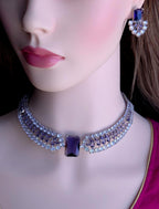 Ruby Red & Purple Emerald-Cut CZ Choker Necklace Set, Silver Bridal Statement Jewelry