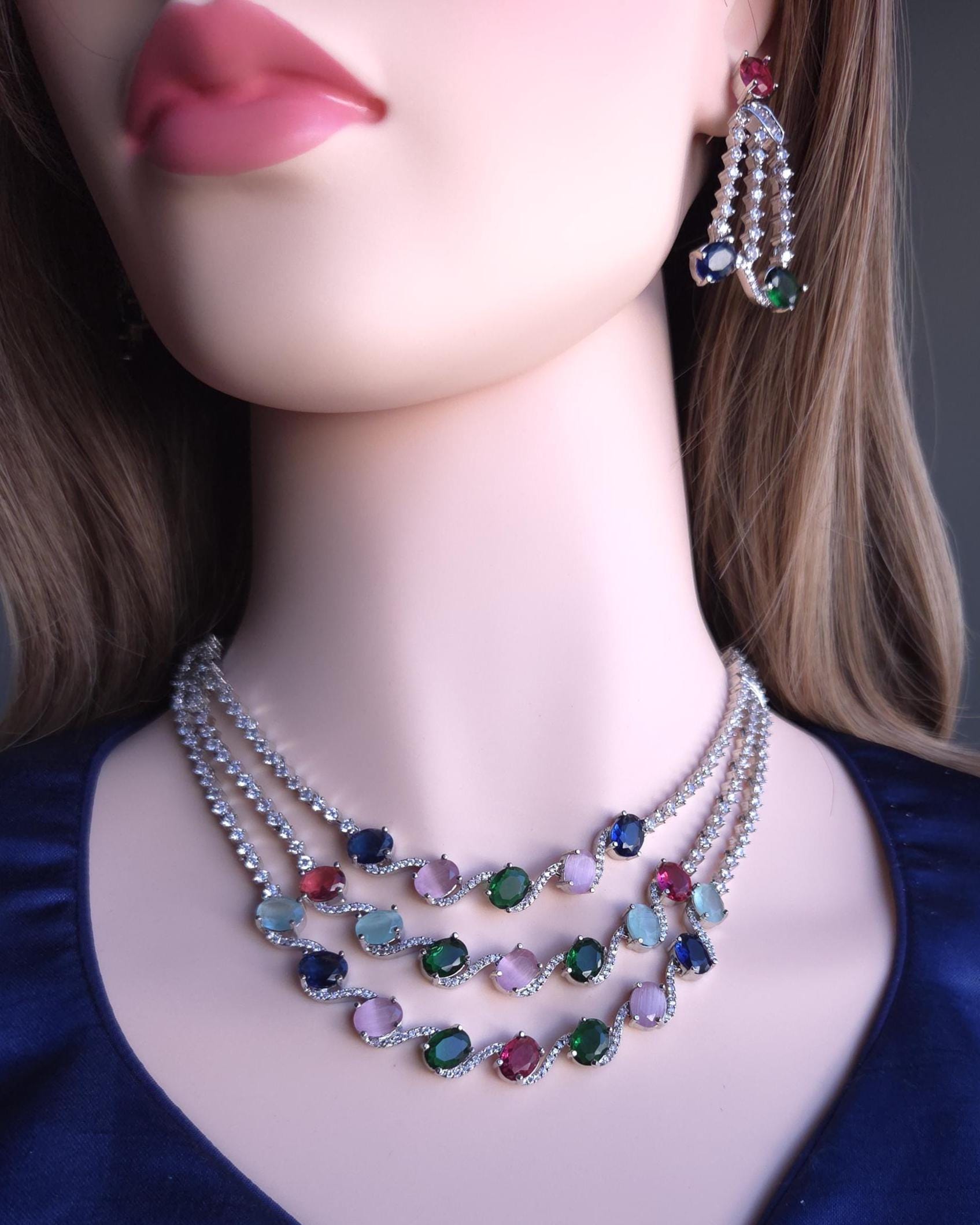 Indian Bridal Necklace Set with Earrings – Statement American Diamond Jewelry (Silver or Gold)