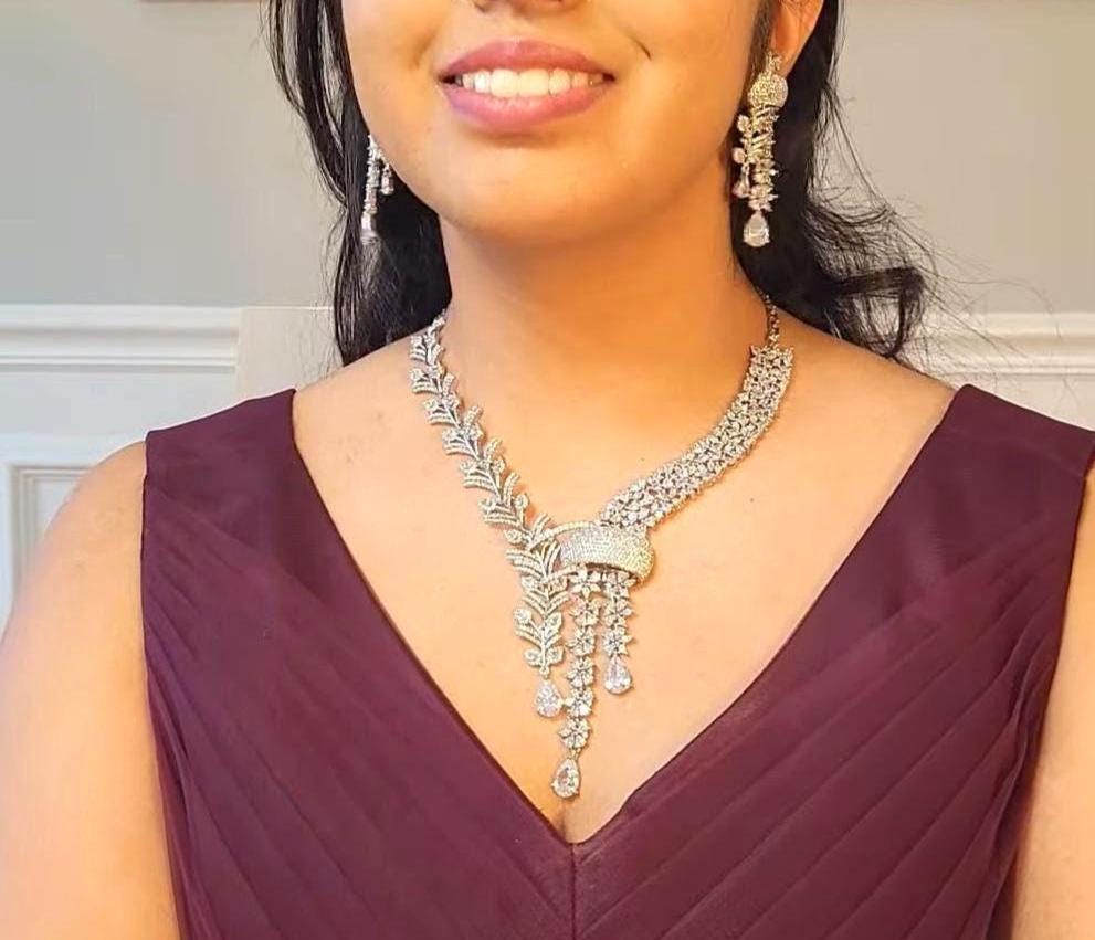 Indian Bridal Necklace Set | Silver Finish American Diamond Leaf Design with Earrings