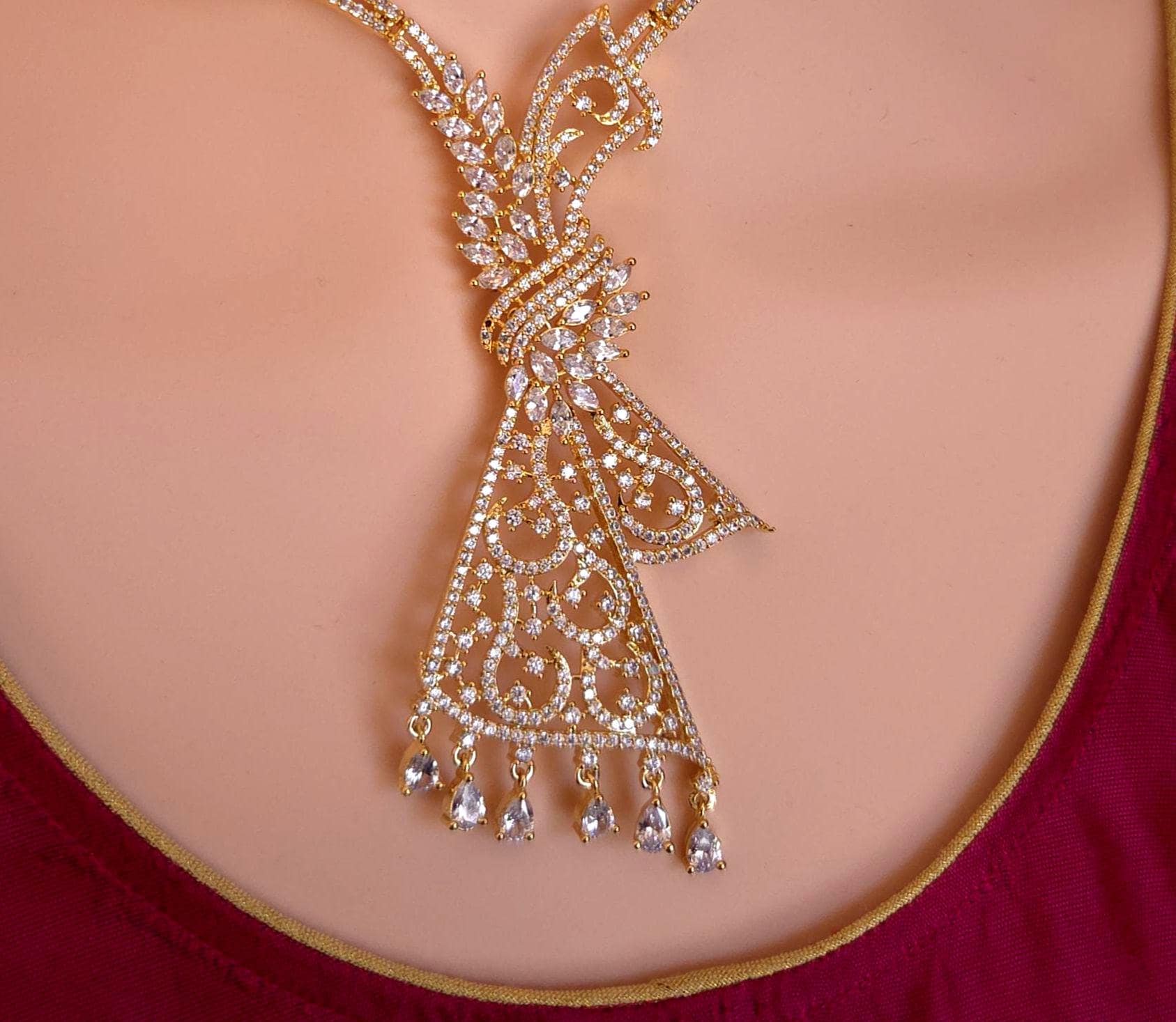 Gold Plated CZ Floral Filigree Necklace Set, Indian Bridal Statement Jewelry Earrings