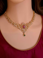 Indian Bridal Gold Necklace Set with Earrings, Maang Tikka, Red Green Kundan Style Jewelry