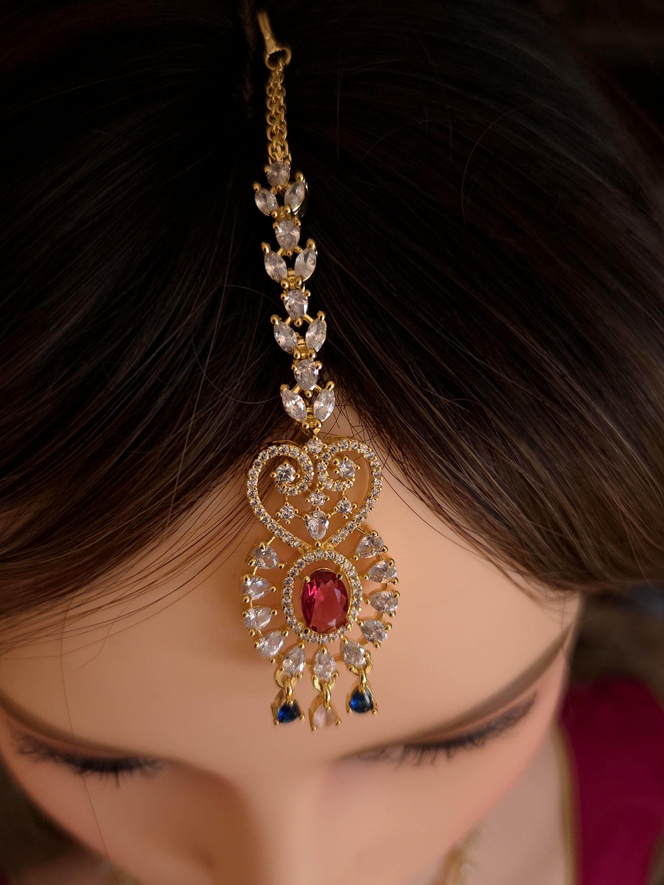 Indian Bridal Gold Necklace Set with Earrings, Maang Tikka, Red Green Kundan Style Jewelry