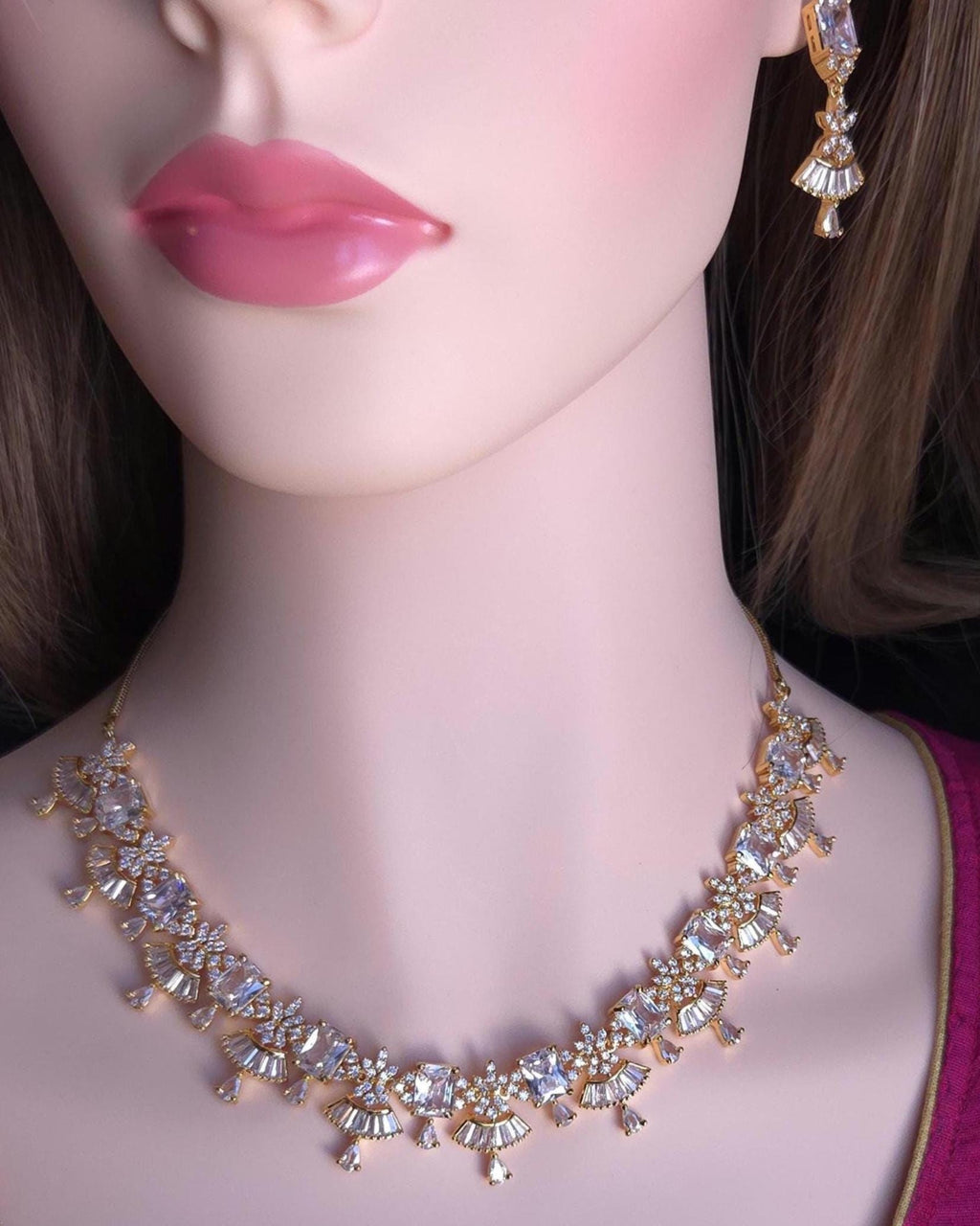 Gold CZ Floral Fan Necklace Set | Bridal Statement Jewelry with Earrings