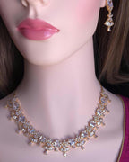 Gold CZ Floral Fan Necklace Set | Bridal Statement Jewelry with Earrings