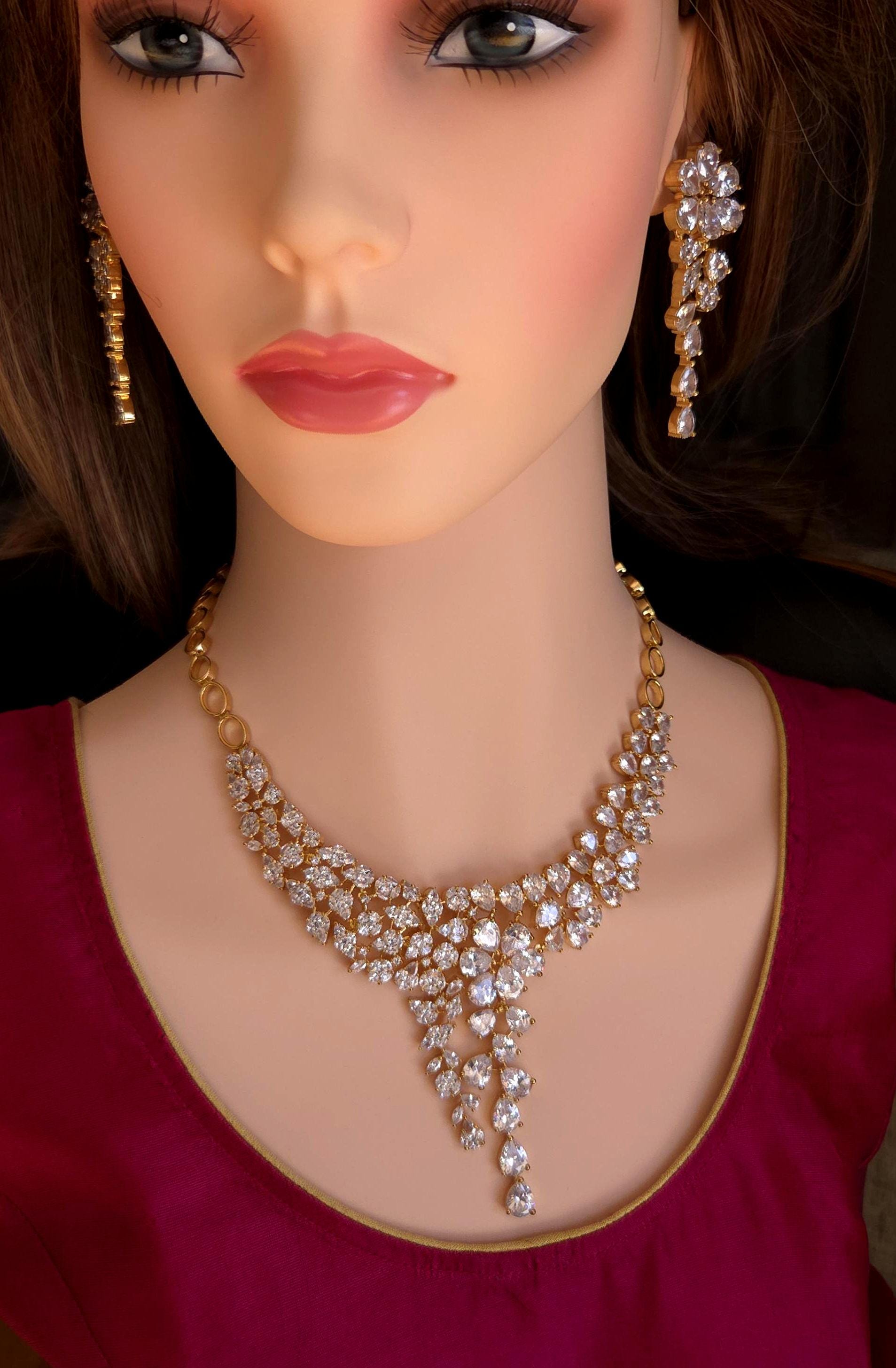 Gold Plated CZ Bridal Necklace Set, Floral Layered Statement Jewelry with Earrings
