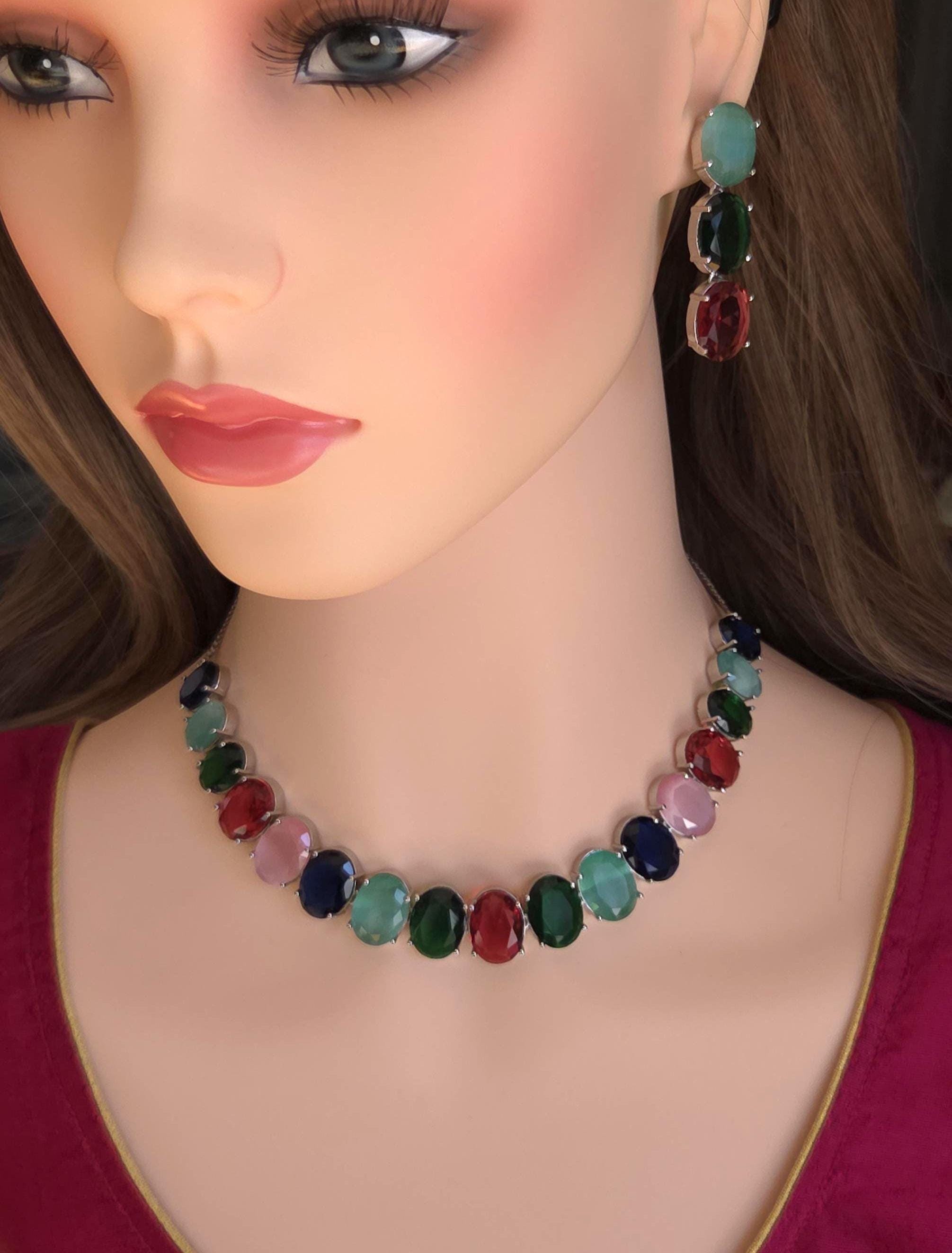 Multicolor Oval CZ Necklace & Earrings Set – Bold Statement Jewelry for Women
