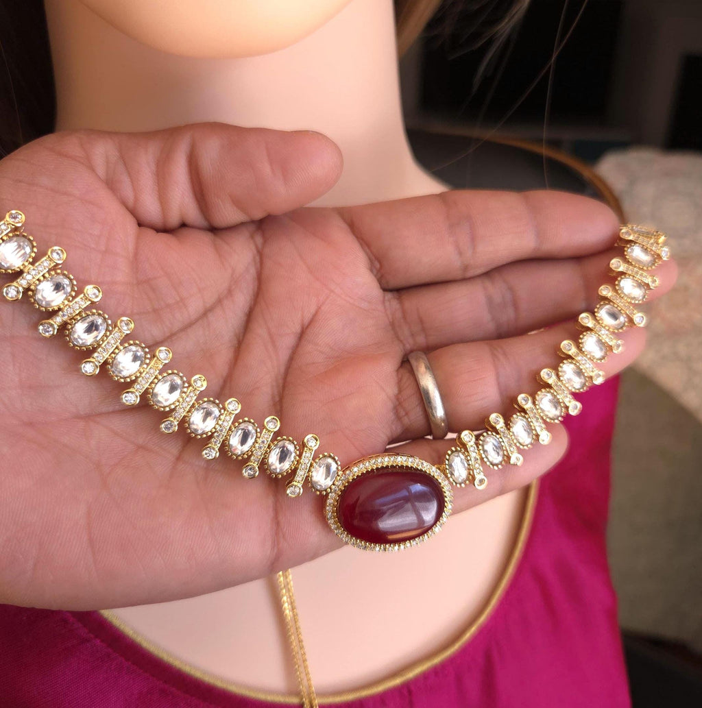 Ruby Red CZ Necklace Set | Gold Plated Statement Necklace & Stud Earrings | Wedding Jewelry