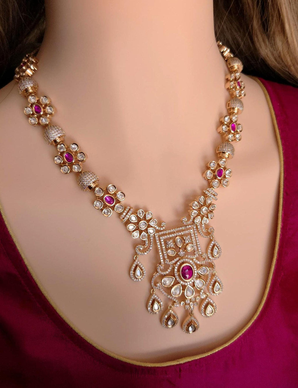 Heirloom Temple Moissanite Kundan Necklace Set – Bridal Jewelry (Green or Magenta)