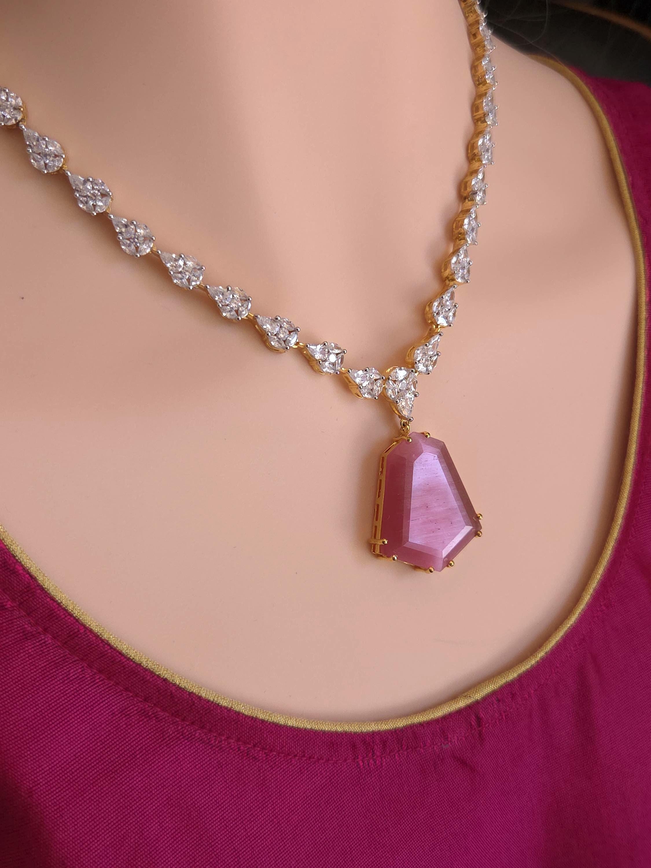 Bridal CZ Necklace Earrings Set, Emerald Green or Blush Pink, Gold/Silver Tone